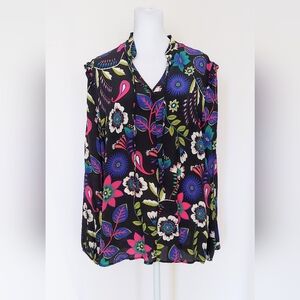 Tyler Boe Womens Size Large Silk Maggie Blouse Colorful Black Floral Top